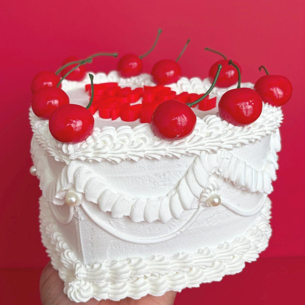 Custom Heart Fake Cake with Cherries & Personalized Text
