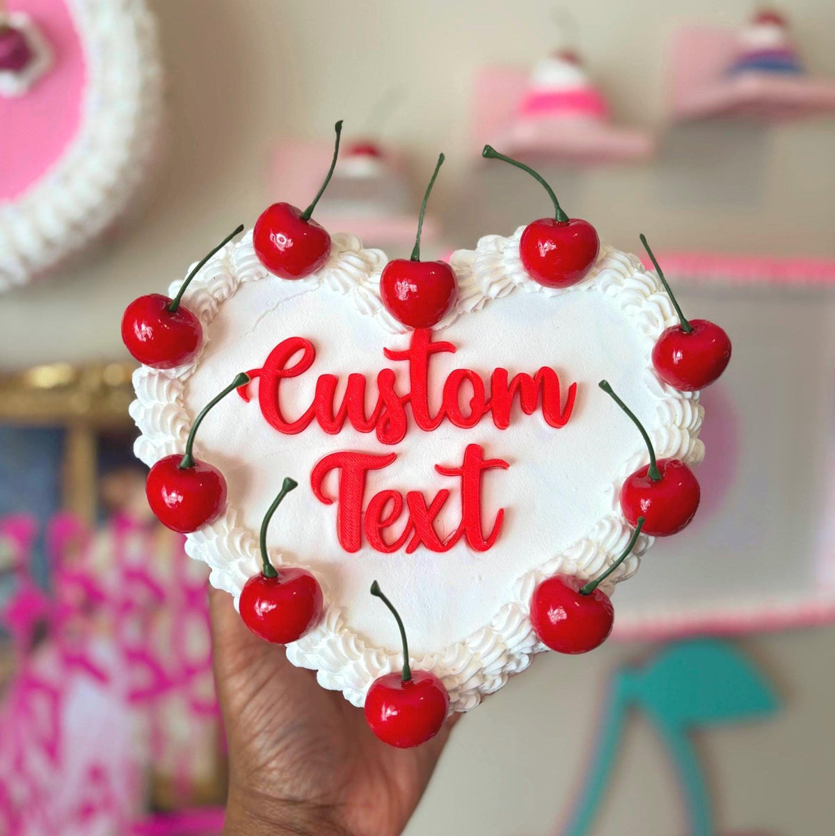 Custom Heart Fake Cake with Cherries & Personalized Text