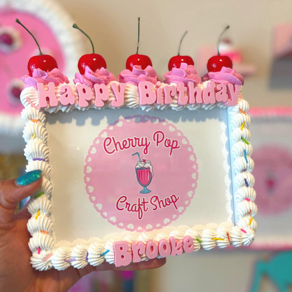 Fake Cake Frame with Cherries, Sprinkles and Faux Whip Cream Topping – Custom Text & Color Birthday Photo Holder