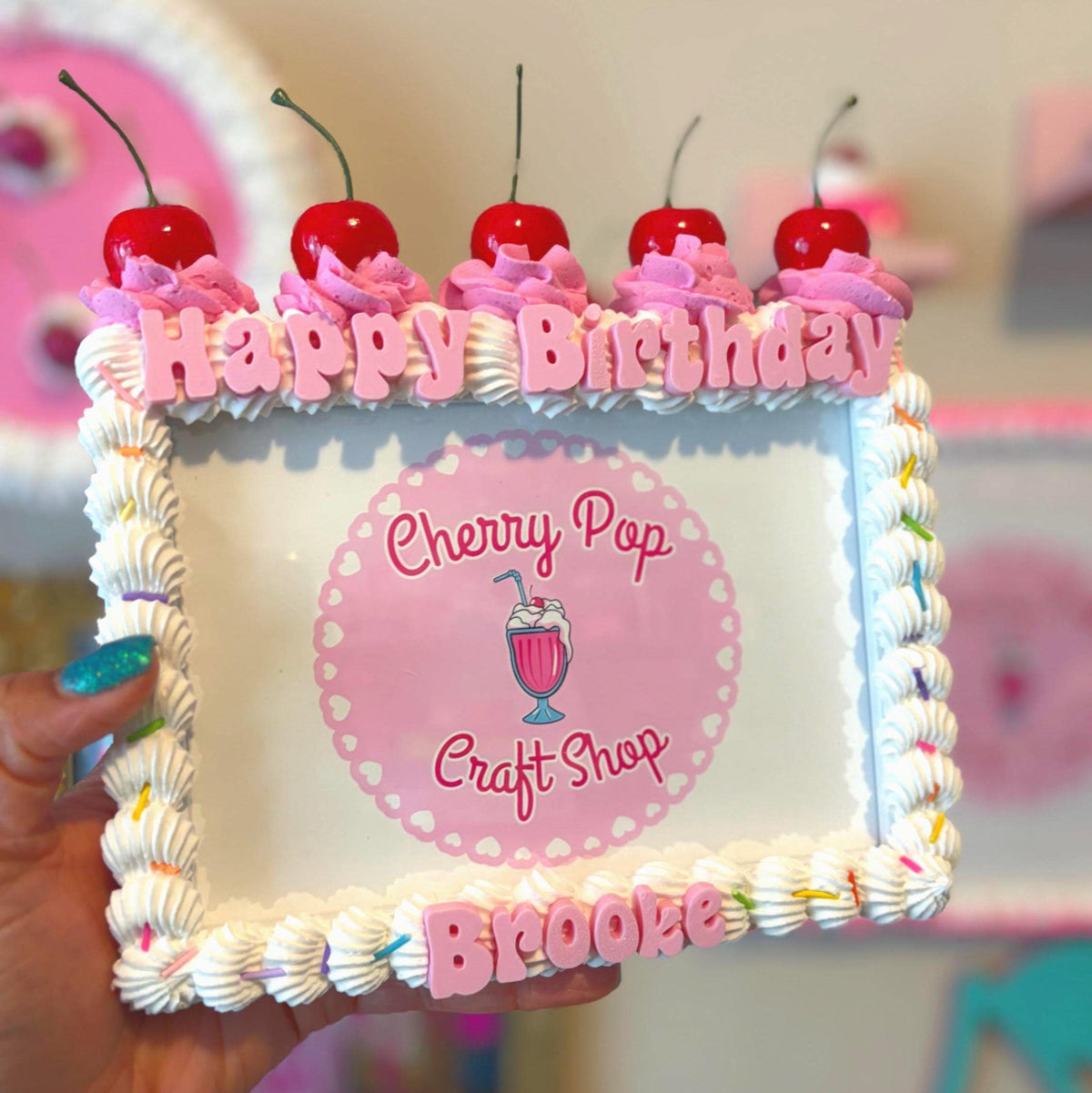Fake Cake Frame with Cherries, Sprinkles and Faux Whip Cream Topping – Custom Text & Color Birthday Photo Holder