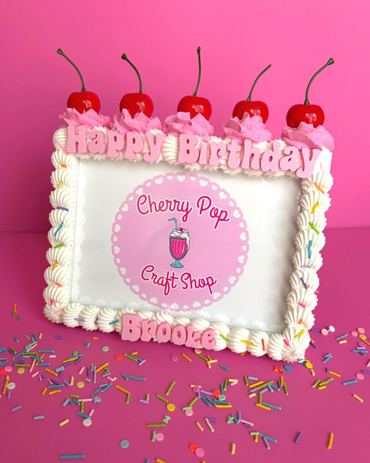 Fake Cake Frame with Cherries, Sprinkles and Faux Whip Cream Topping – Custom Text & Color Birthday Photo Holder