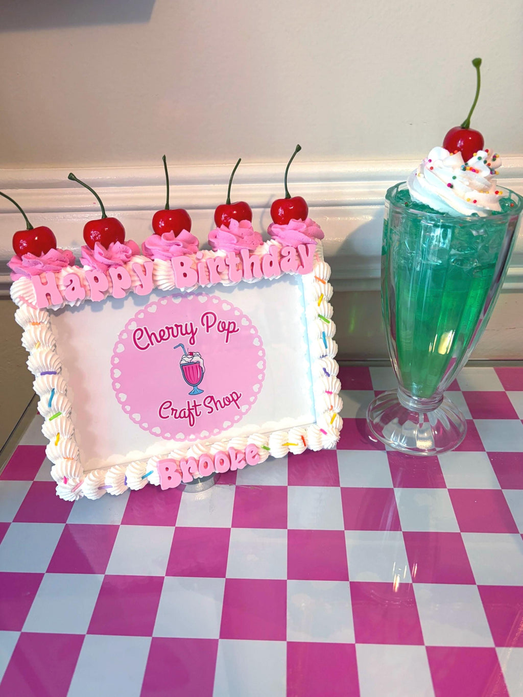 Fake Cake Frame with Cherries, Sprinkles and Faux Whip Cream Topping – Custom Text & Color Birthday Photo Holder