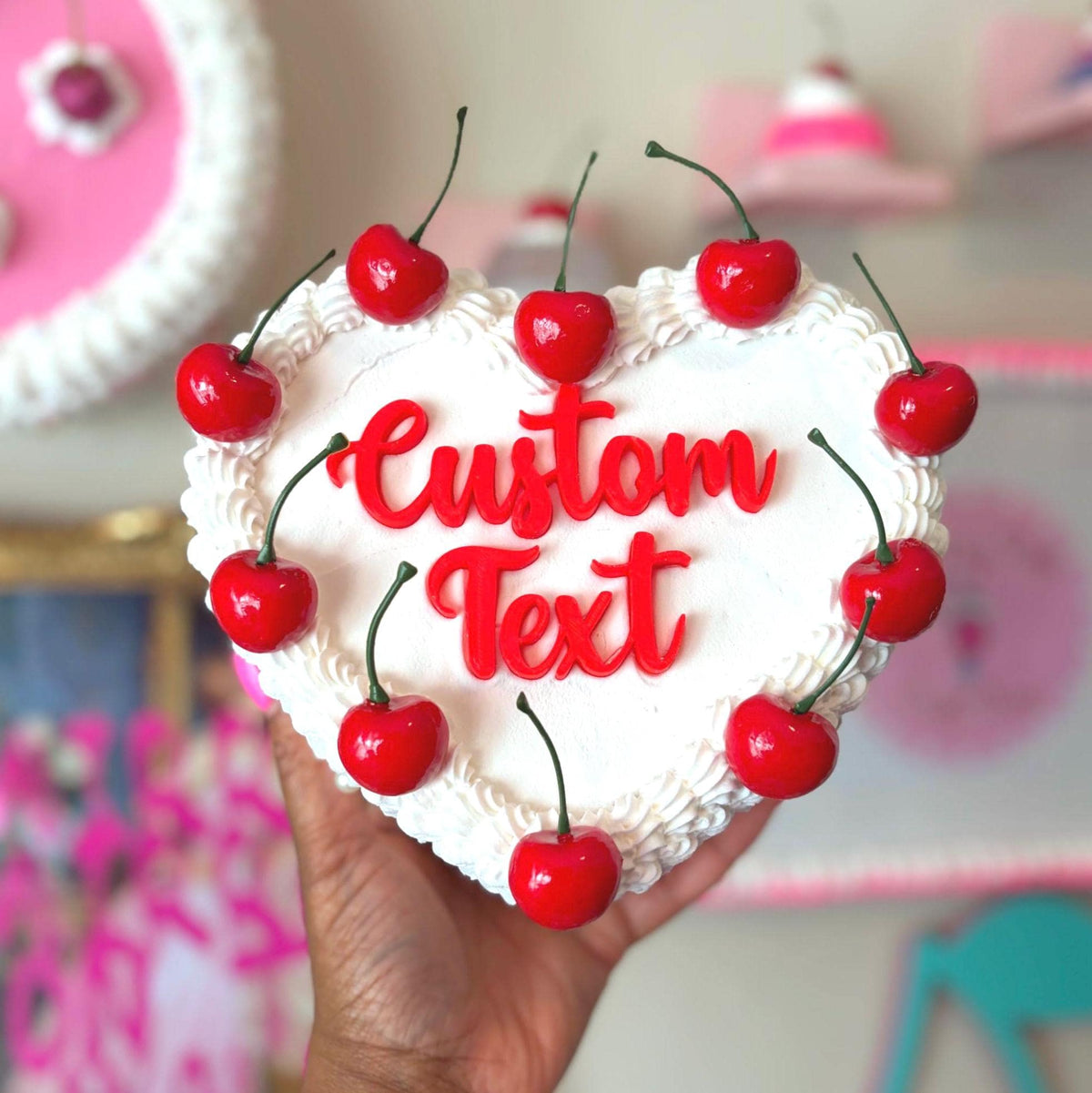Custom Heart Fake Cake with Cherries & Personalized Text