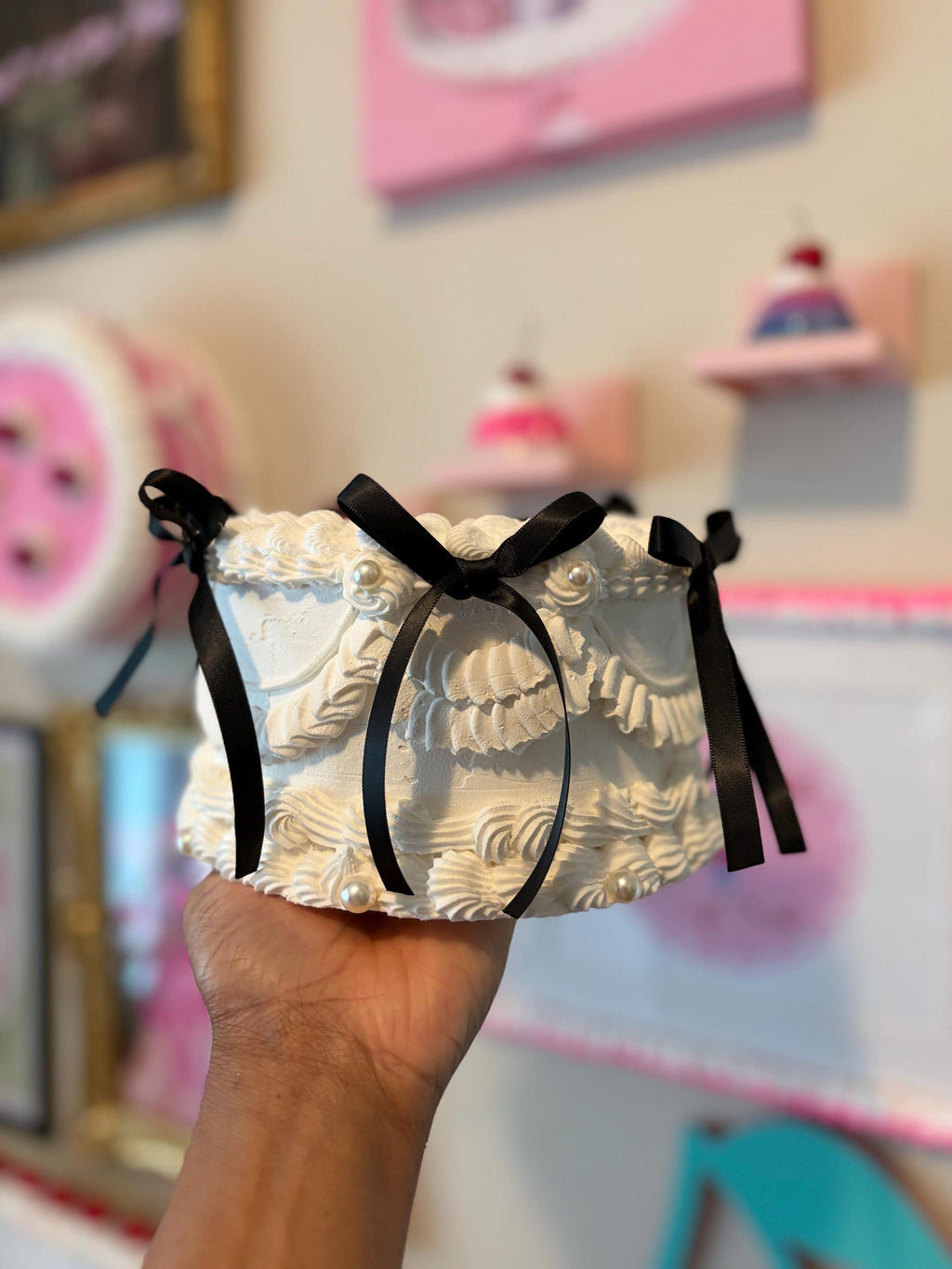 Custom Fake Cake Coquette Lambeth Style with Black Satin Ribbons Pearls and Personalized Text