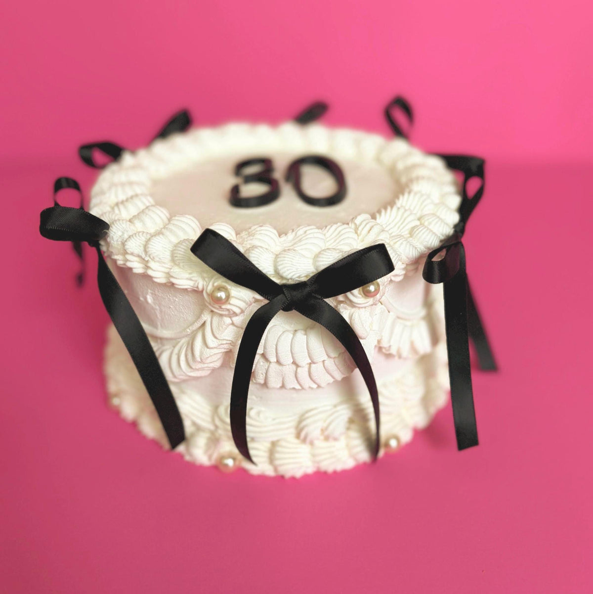Custom Fake Cake Coquette Lambeth Style with Black Satin Ribbons Pearls and Personalized Text