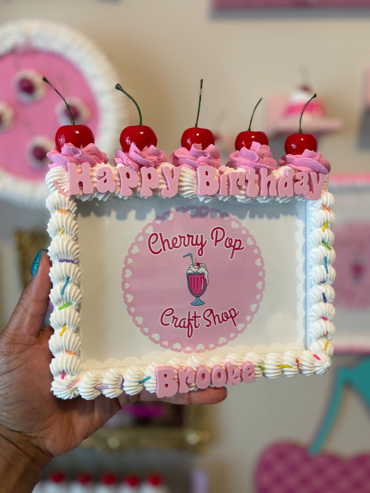 Fake Cake Frame with Cherries, Sprinkles and Faux Whip Cream Topping – Custom Text & Color Birthday Photo Holder
