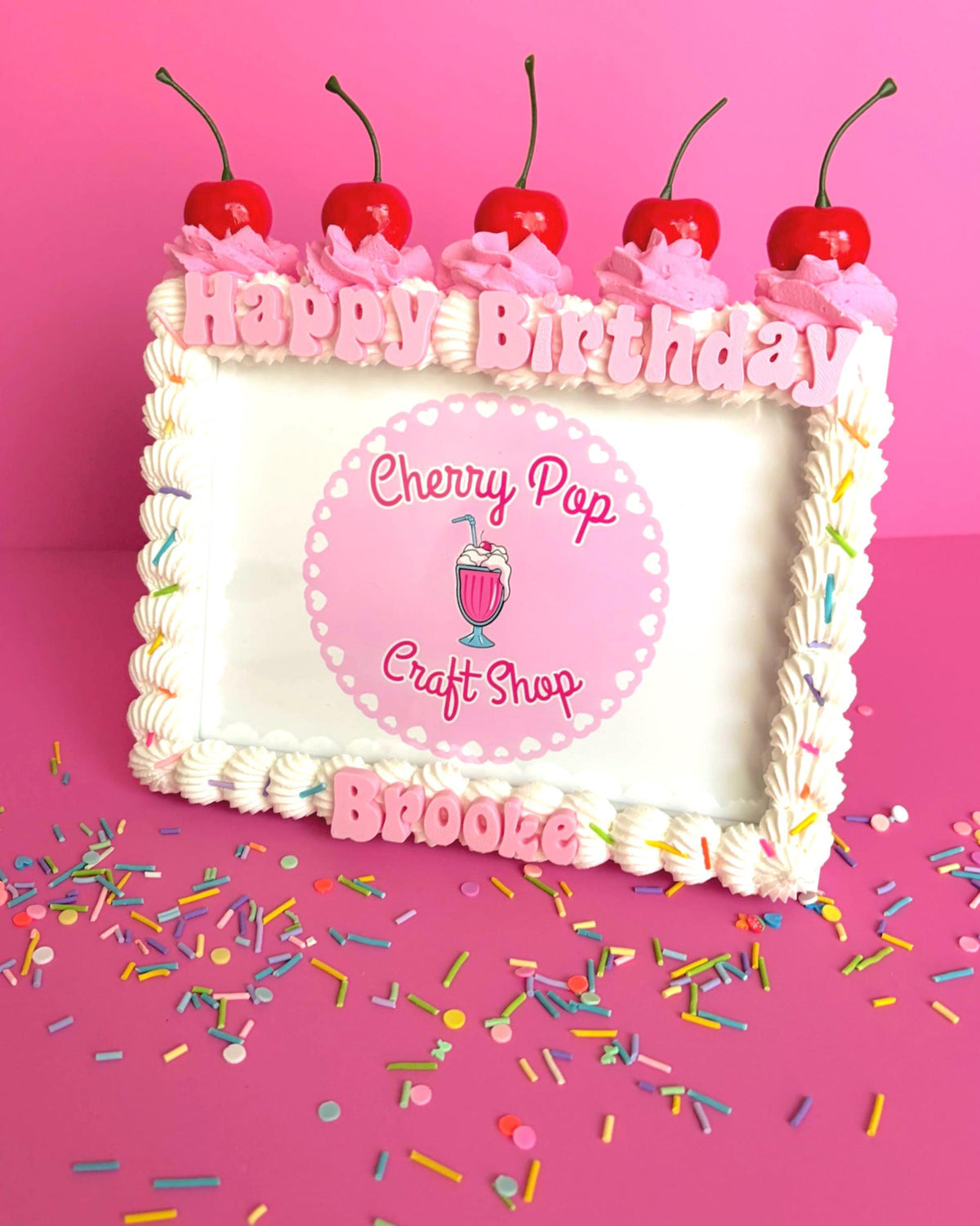 Fake Cake Frame with Cherries, Sprinkles and Faux Whip Cream Topping – Custom Text & Color Birthday Photo Holder