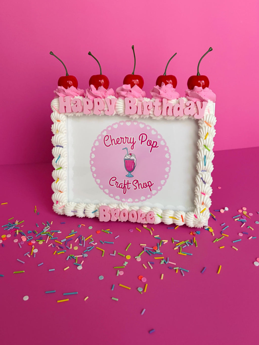 Fake Cake Frame with Cherries, Sprinkles and Faux Whip Cream Topping – Custom Text & Color Birthday Photo Holder