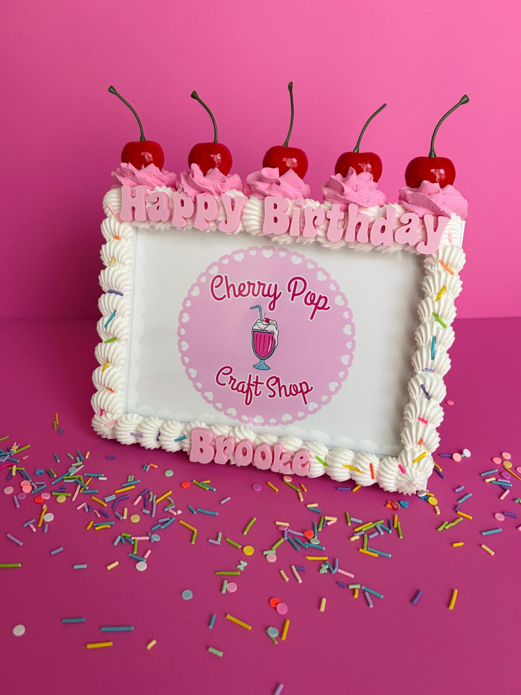 Fake Cake Frame with Cherries, Sprinkles and Faux Whip Cream Topping – Custom Text & Color Birthday Photo Holder