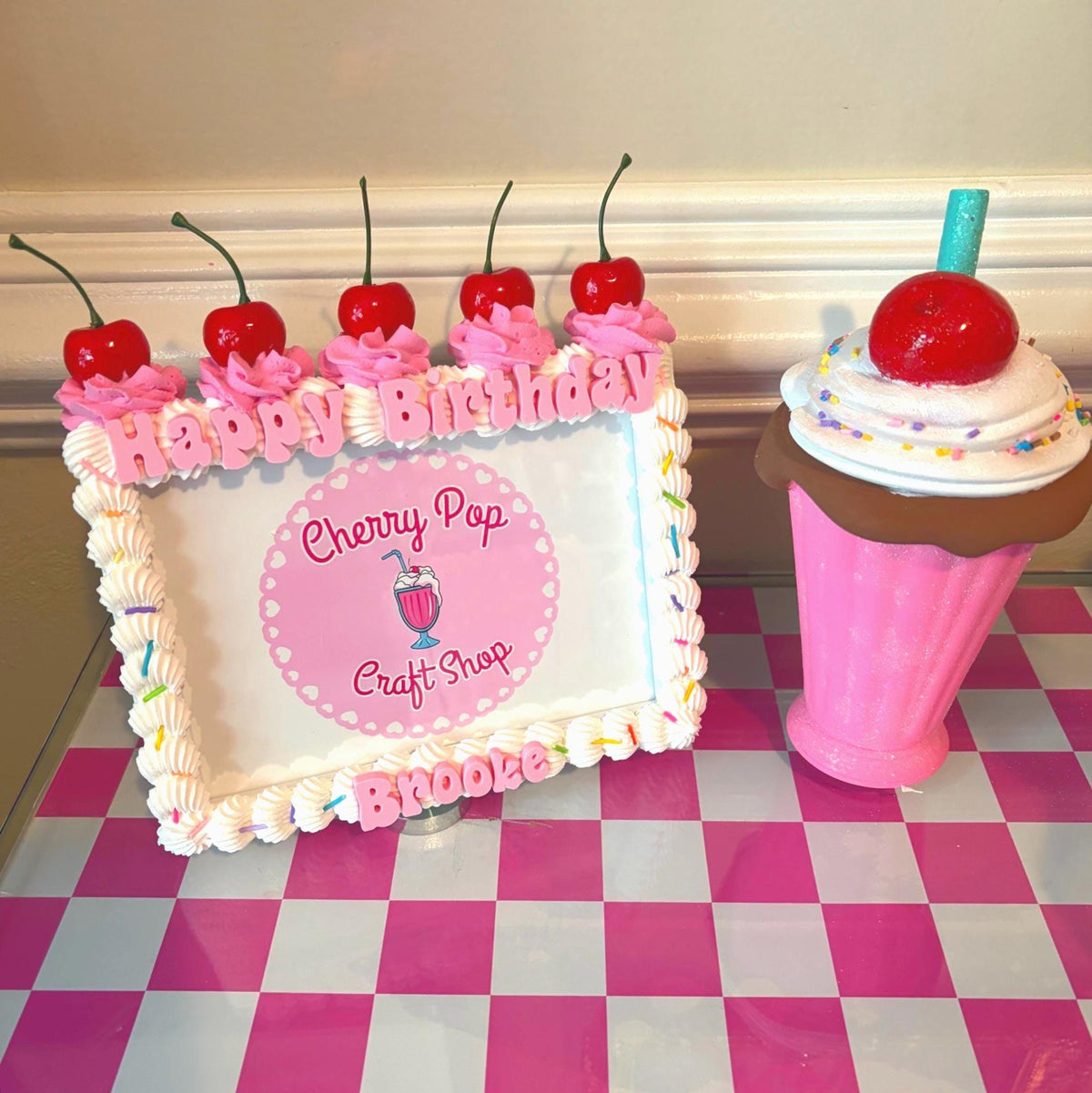 Fake Cake Frame with Cherries, Sprinkles and Faux Whip Cream Topping – Custom Text & Color Birthday Photo Holder