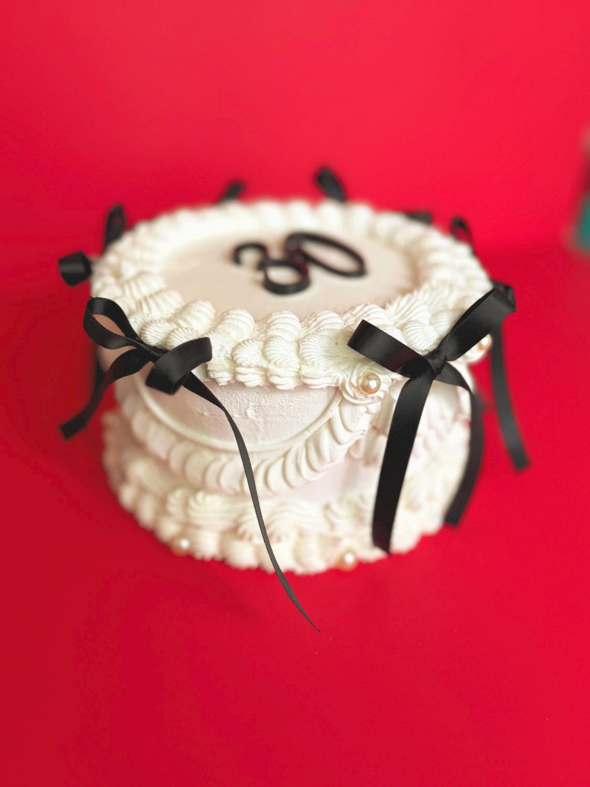 Custom Fake Cake Coquette Lambeth Style with Black Satin Ribbons Pearls and Personalized Text