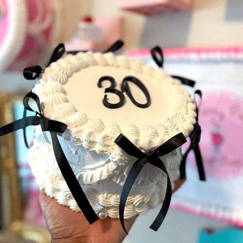Custom Fake Cake Coquette Lambeth Style with Black Satin Ribbons Pearls and Personalized Text
