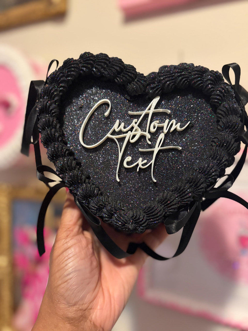 Black Heart Shaped Faux Cake with Ribbons Personalized Custom Text