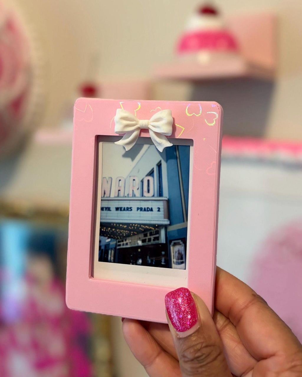 Magnetic Instax Mini Frame with Bow & Holographic Hearts, Coquette Room Decor