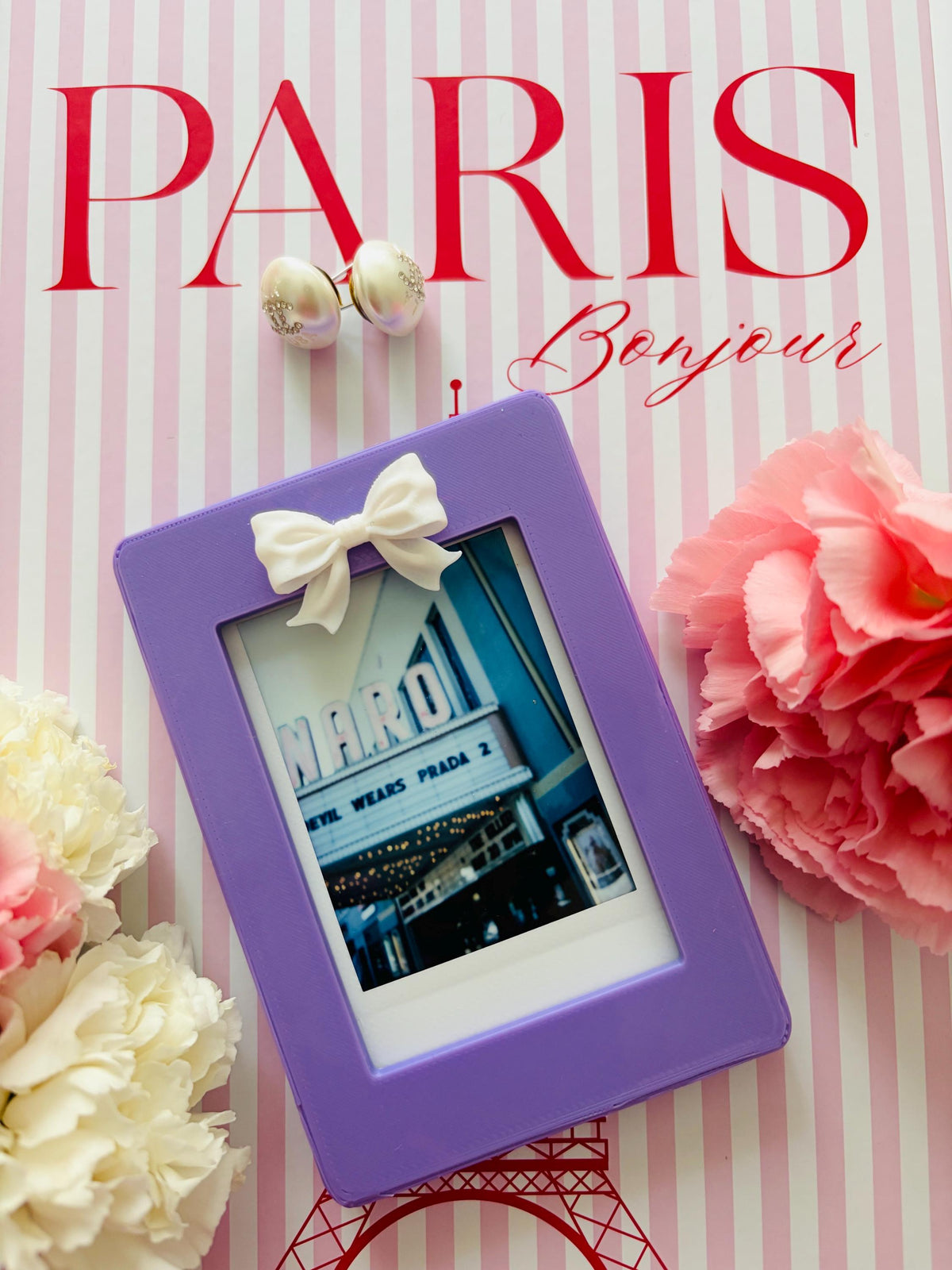 Magnetic Instax Mini Frame with Bow & Holographic Hearts, Coquette Room Decor