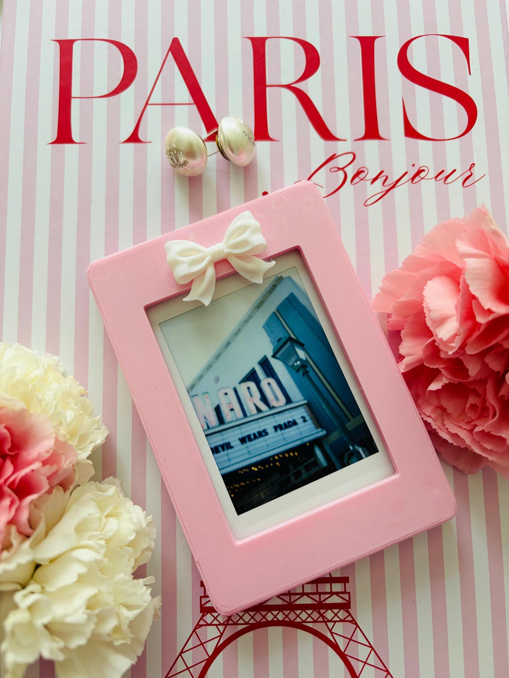 Magnetic Instax Mini Frame with Bow & Holographic Hearts, Coquette Room Decor