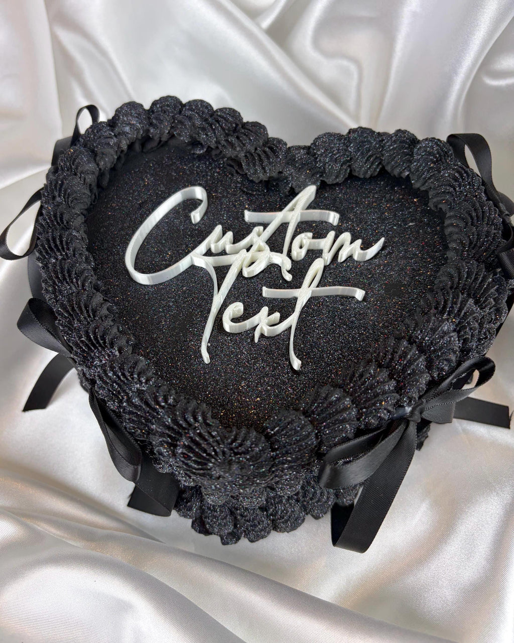 Black Heart Shaped Faux Cake with Ribbons Personalized Custom Text