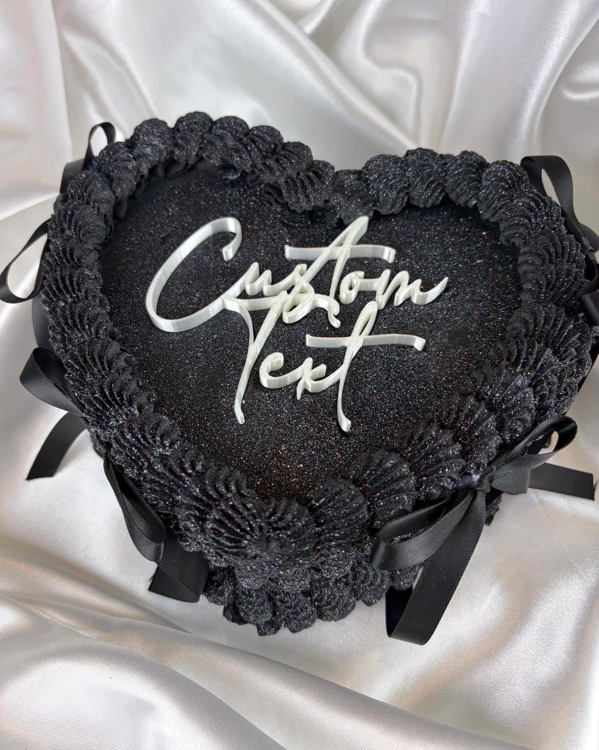 Black Heart Shaped Faux Cake with Ribbons Personalized Custom Text