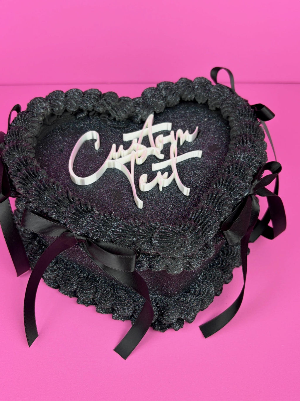 Black Heart Shaped Faux Cake with Ribbons Personalized Custom Text