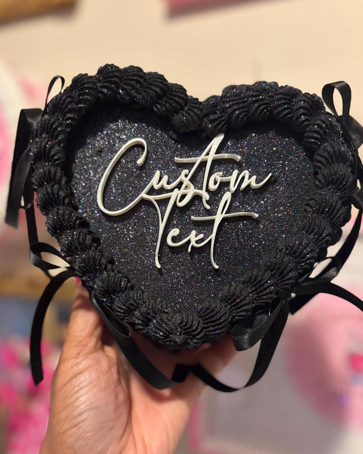 Black Heart Shaped Faux Cake with Ribbons Personalized Custom Text