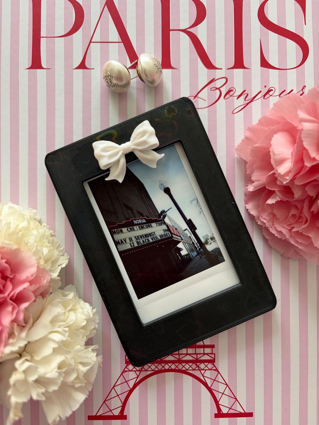 Magnetic Instax Mini Frame with Bow & Holographic Hearts, Coquette Room Decor