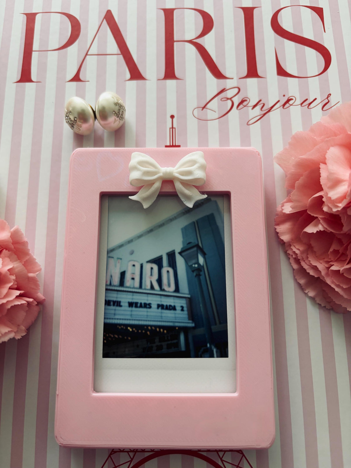 Magnetic Instax Mini Frame with Bow & Holographic Hearts, Coquette Room Decor