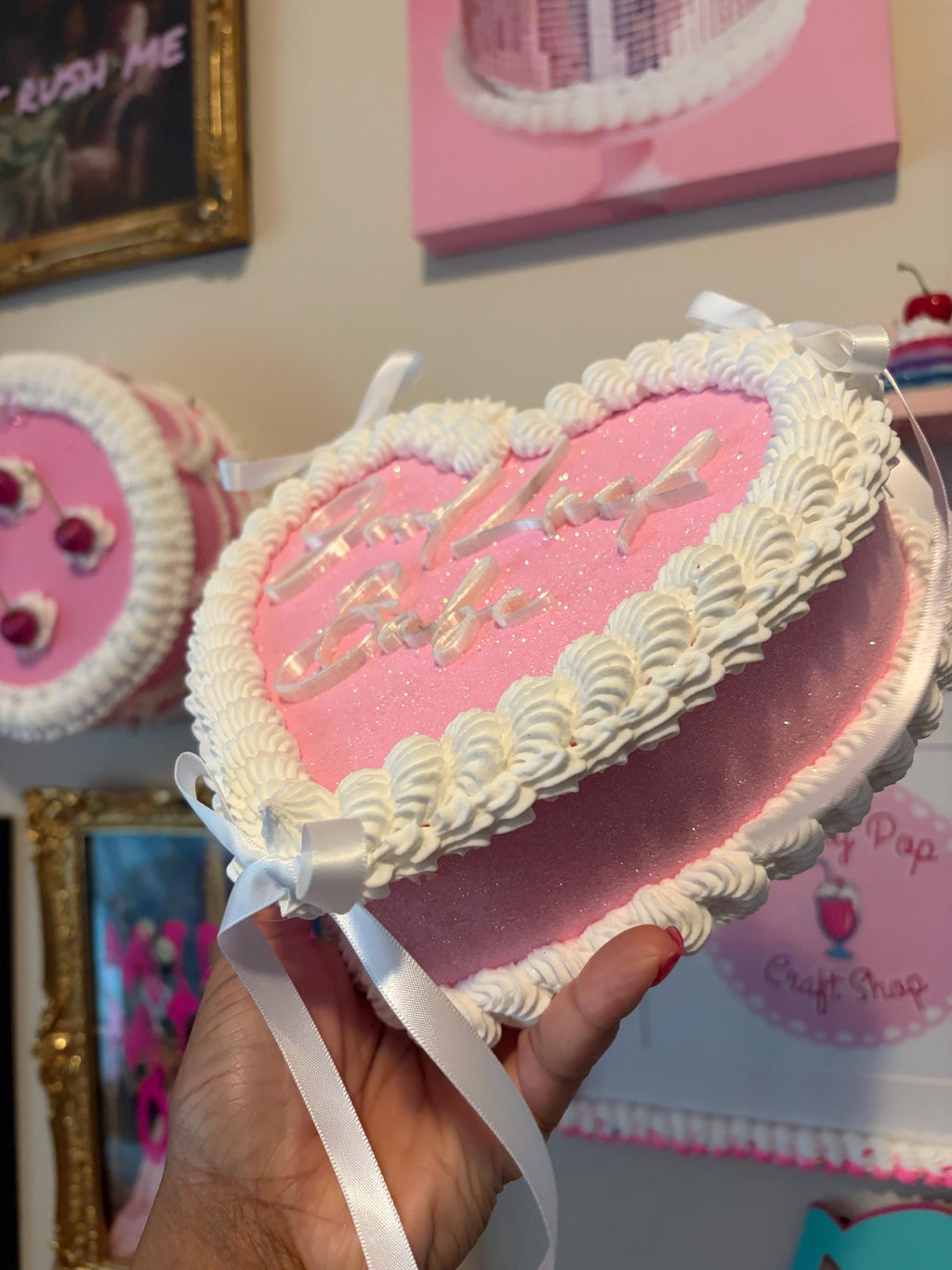 Custom Pink Fake Cake with Glitter and Personalized Text