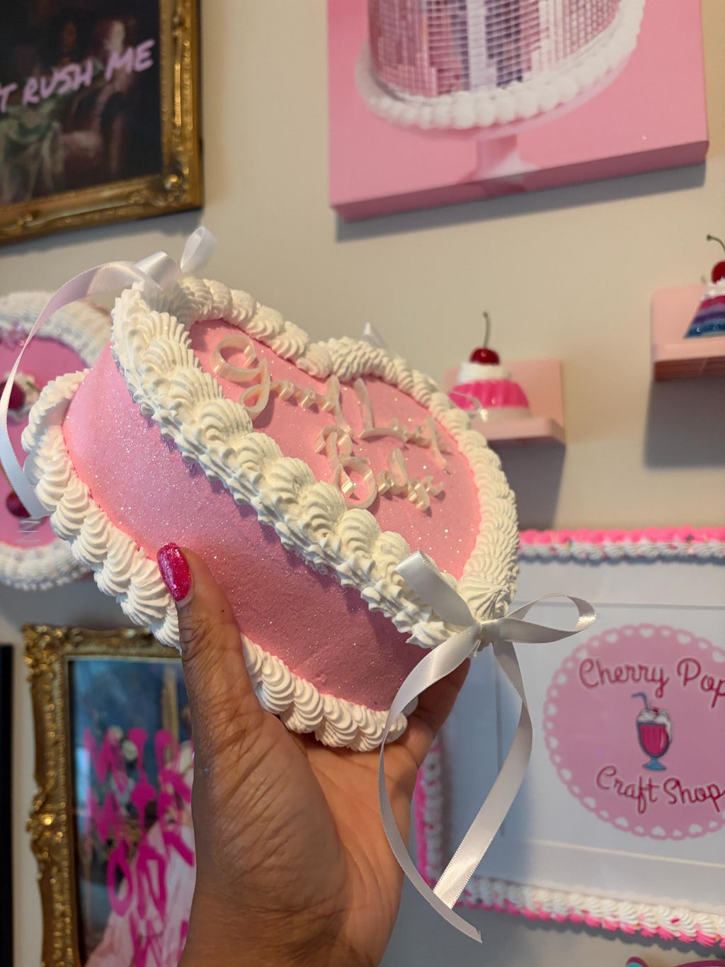 Custom Pink Fake Cake with Glitter and Personalized Text
