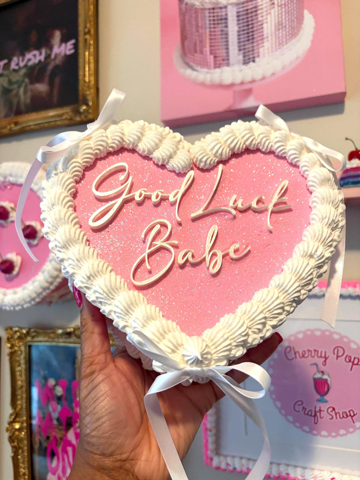 Custom Pink Fake Cake with Glitter and Personalized Text