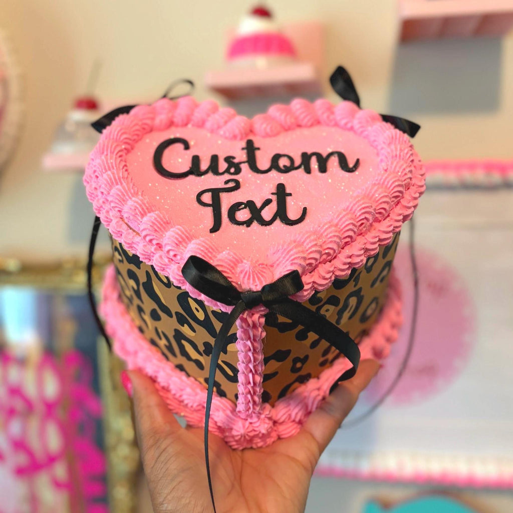 Custom Fake Cake, Pink Leopard Heart Decor and Prop, Personalized Text
