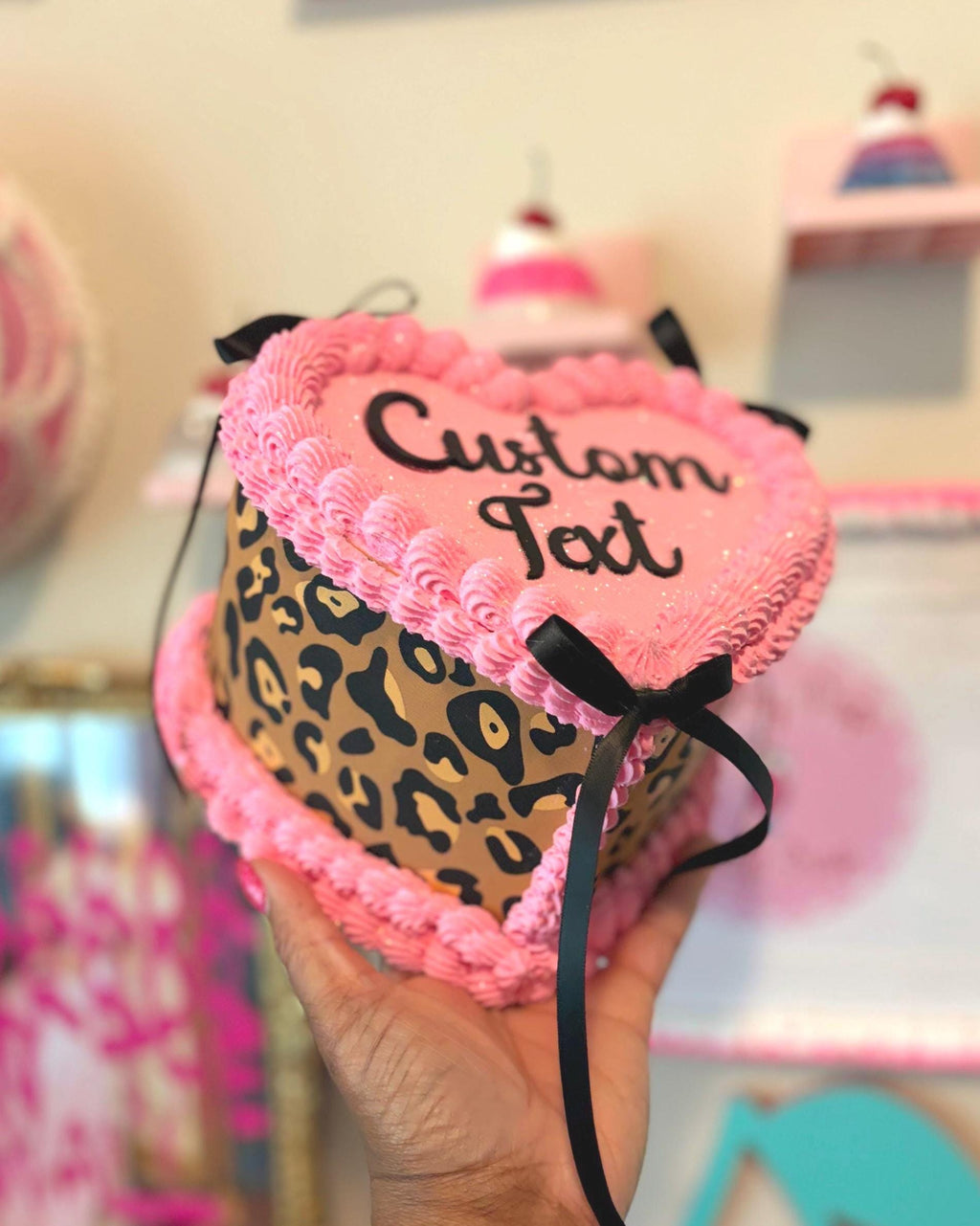 Custom Fake Cake, Pink Leopard Heart Decor and Prop, Personalized Text