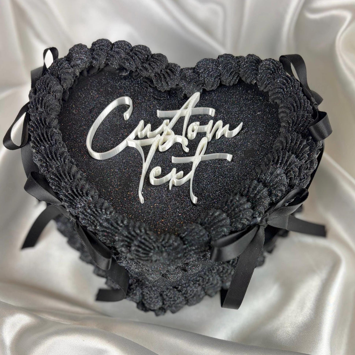 Black Heart Shaped Faux Cake with Ribbons Personalized Custom Text