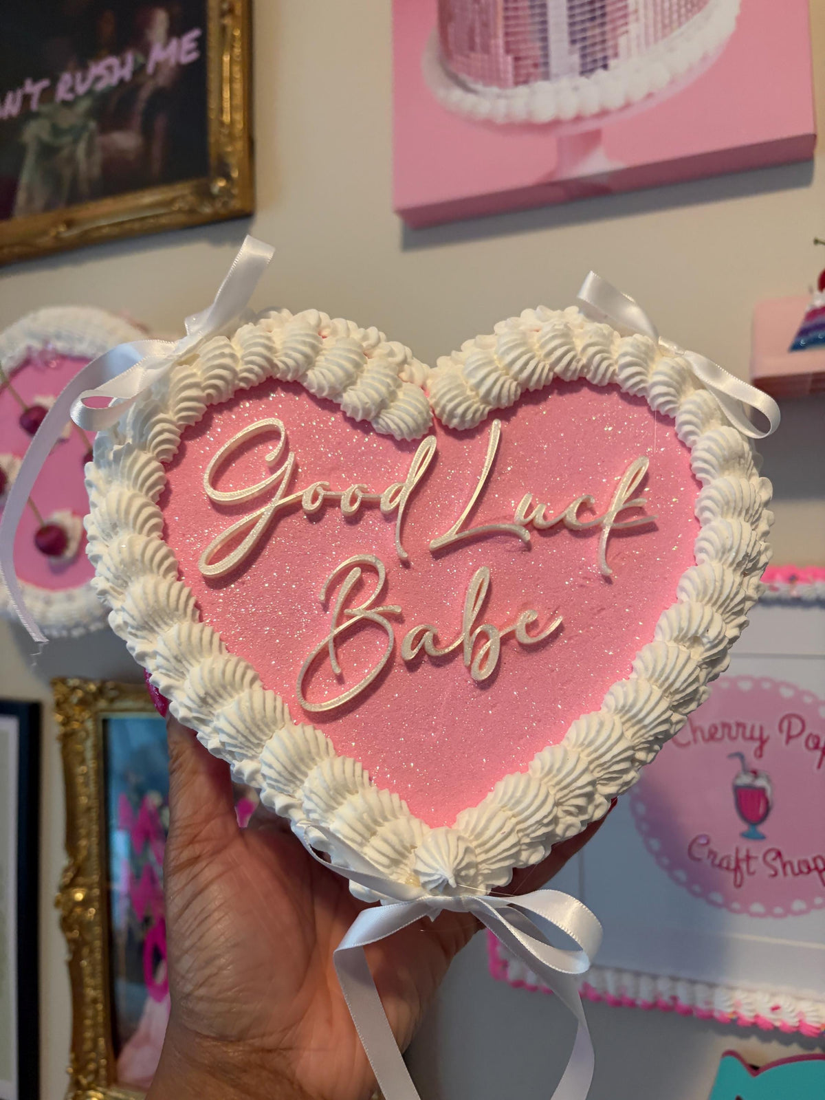Custom Pink Fake Cake with Glitter and Personalized Text