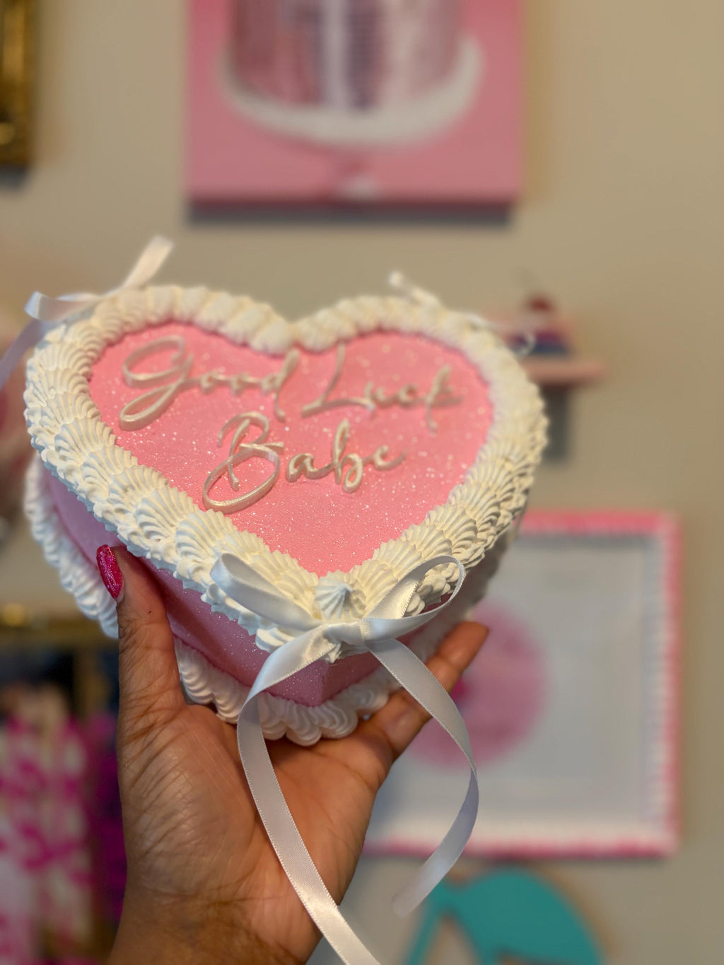 Custom Pink Fake Cake with Glitter and Personalized Text
