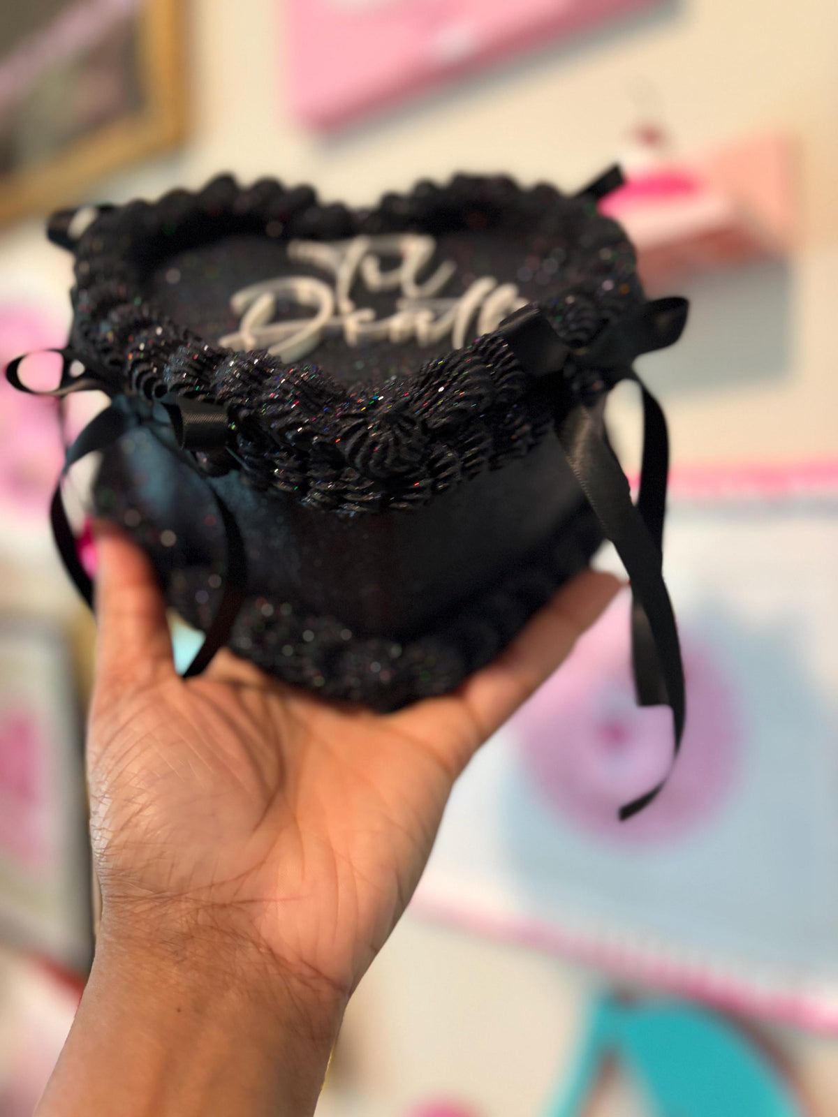 Black Heart Shaped Faux Cake with Ribbons Personalized Custom Text