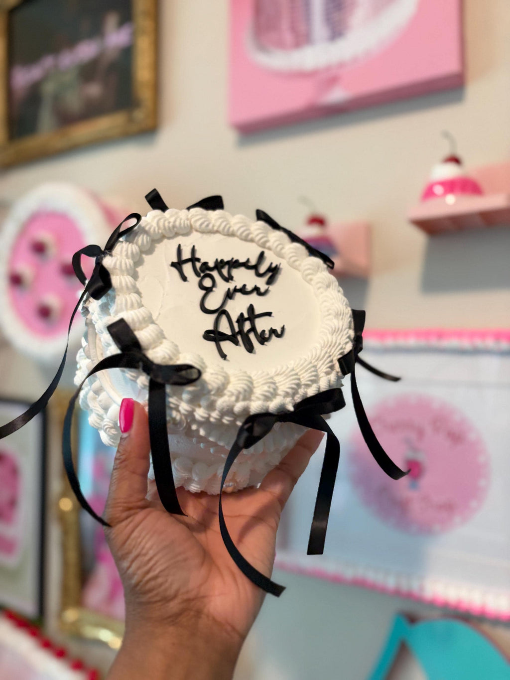 Custom Fake Cake Coquette Lambeth Style with Black Satin Ribbons Pearls and Personalized Text