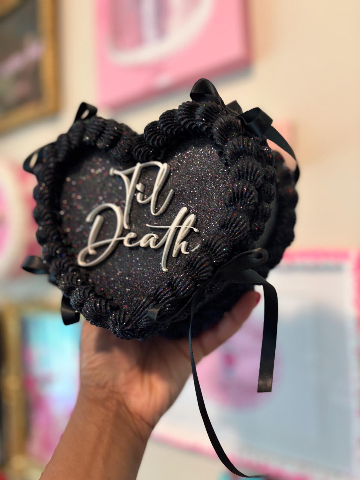 Black Heart Shaped Faux Cake with Ribbons Personalized Custom Text