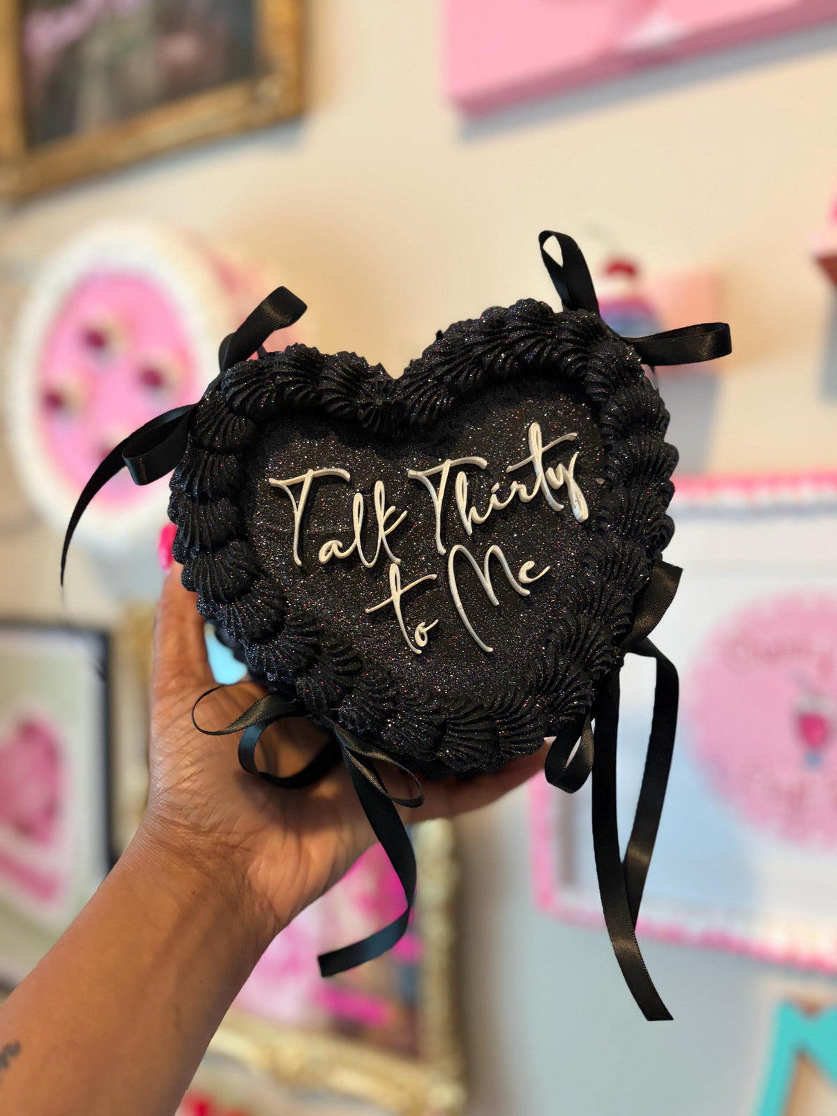 Black Heart Shaped Faux Cake with Ribbons Personalized Custom Text