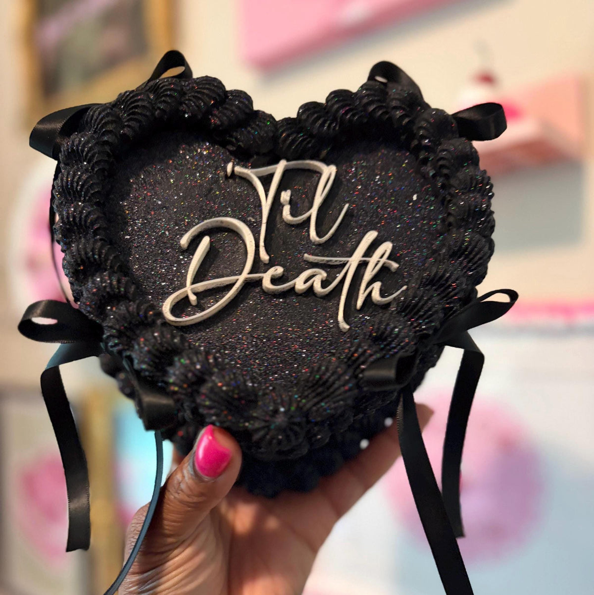 Black Heart Shaped Faux Cake with Ribbons Personalized Custom Text