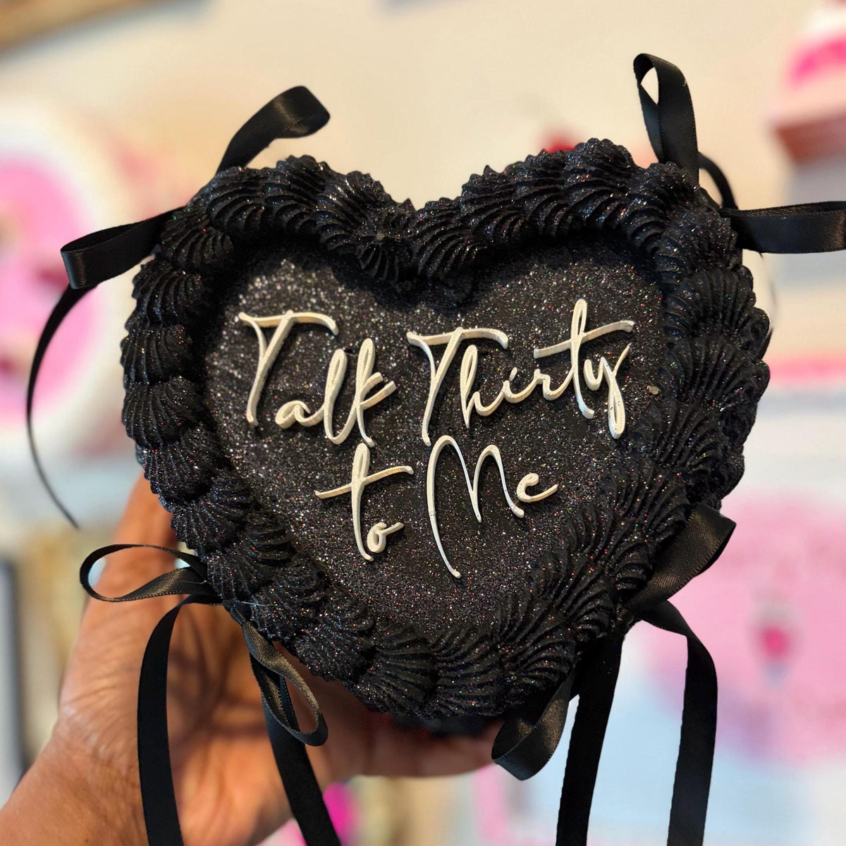 Black Heart Shaped Faux Cake with Ribbons Personalized Custom Text