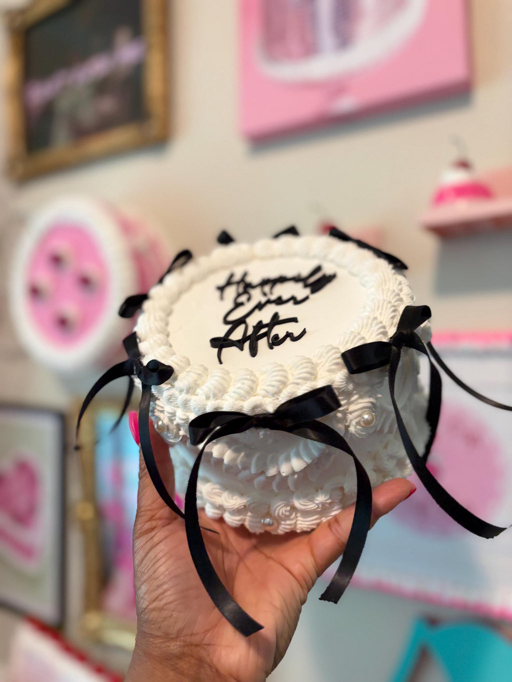 Custom Fake Cake Coquette Lambeth Style with Black Satin Ribbons Pearls and Personalized Text