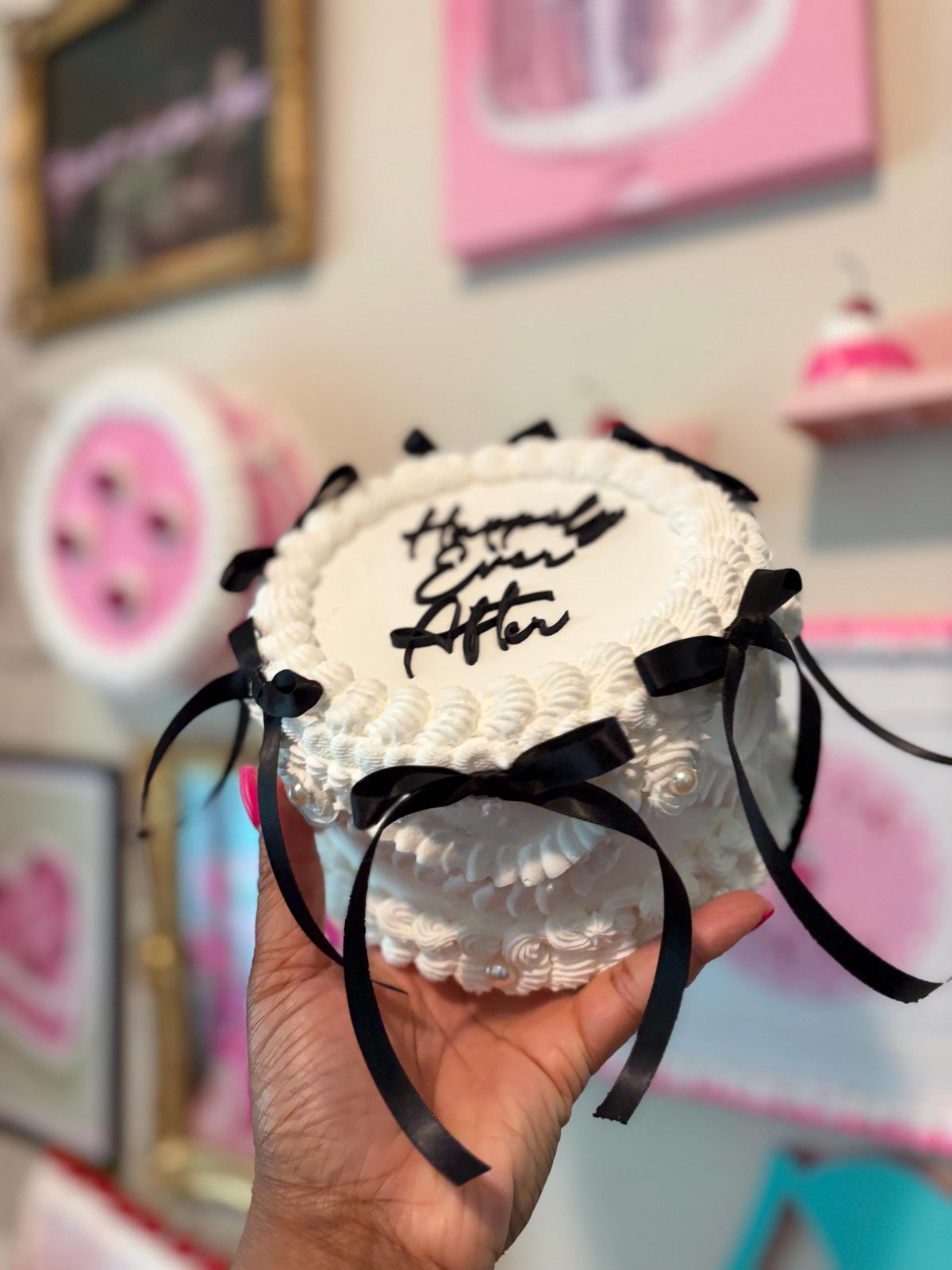 Custom Fake Cake Coquette Lambeth Style with Black Satin Ribbons Pearls and Personalized Text