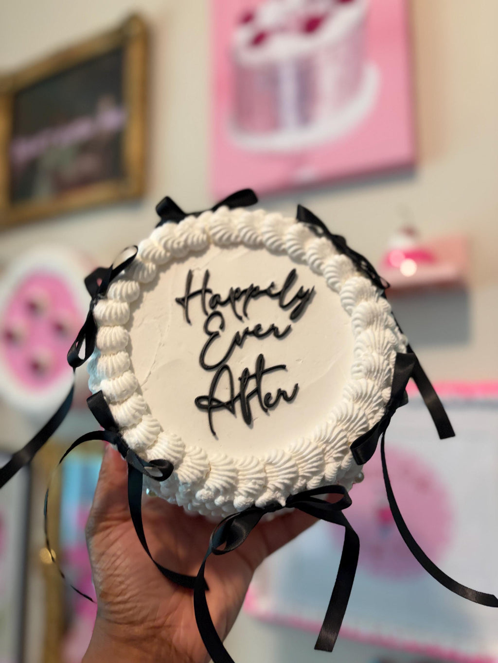 Custom Fake Cake Coquette Lambeth Style with Black Satin Ribbons Pearls and Personalized Text