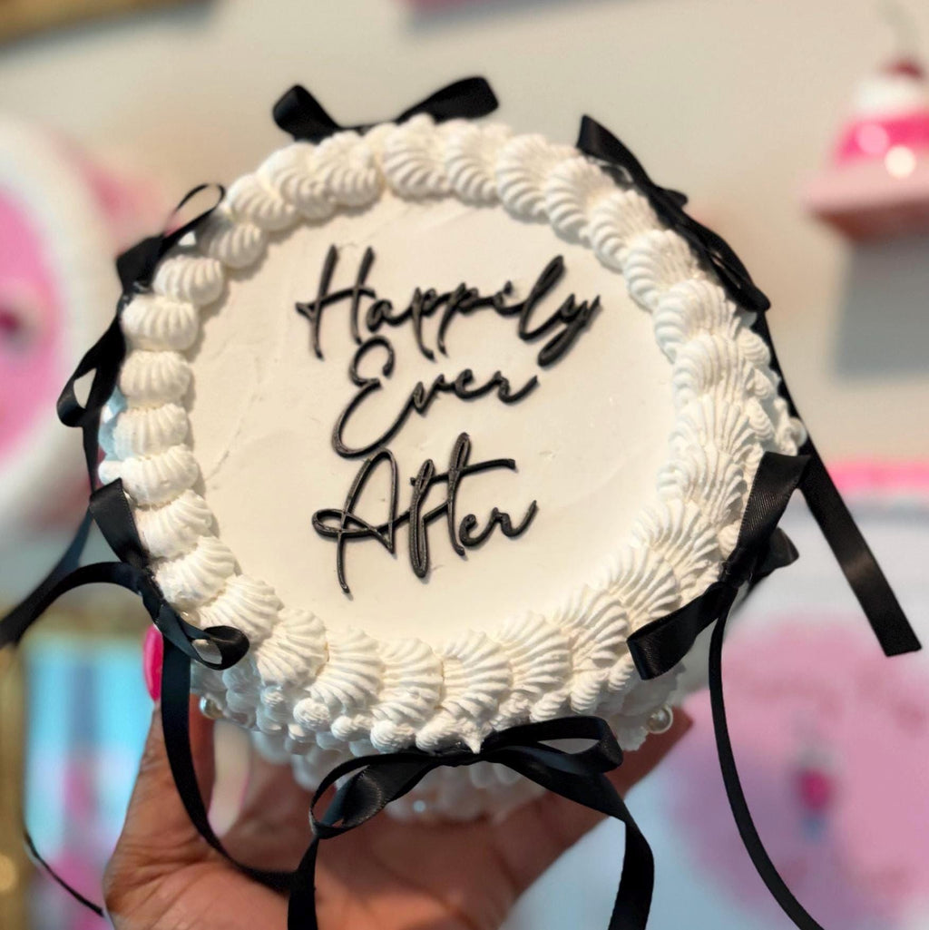 Custom Fake Cake Coquette Lambeth Style with Black Satin Ribbons Pearls and Personalized Text