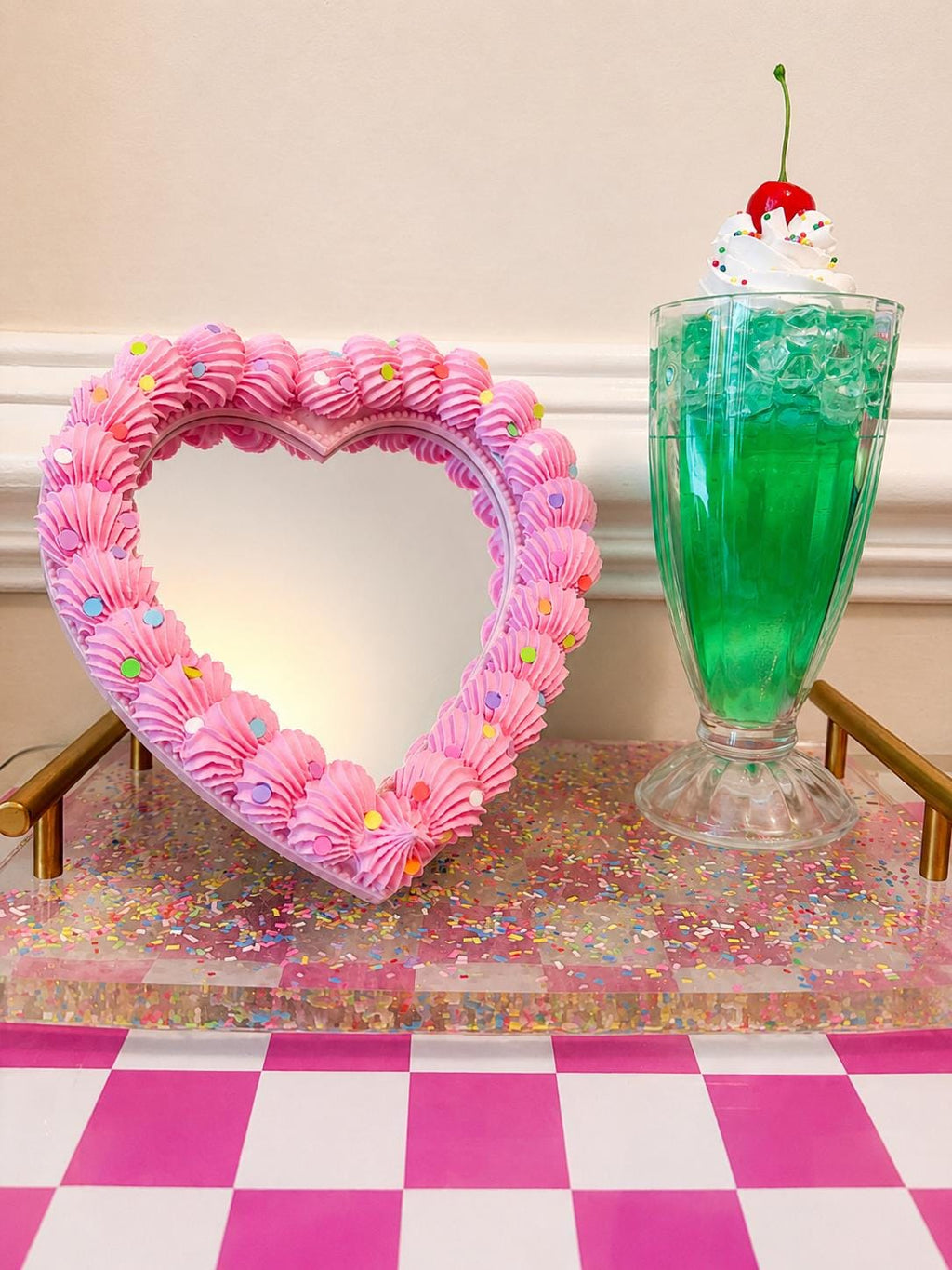 Fake Cake Mirror Pink Heart with Sprinkles