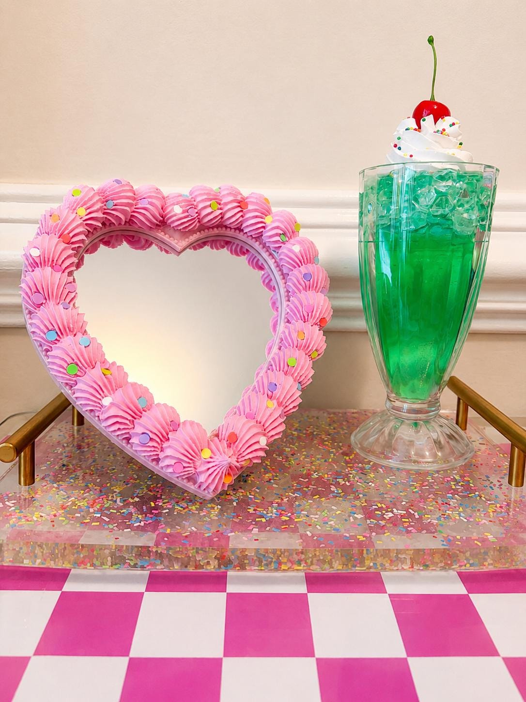 Fake Cake Mirror Pink Heart with Sprinkles