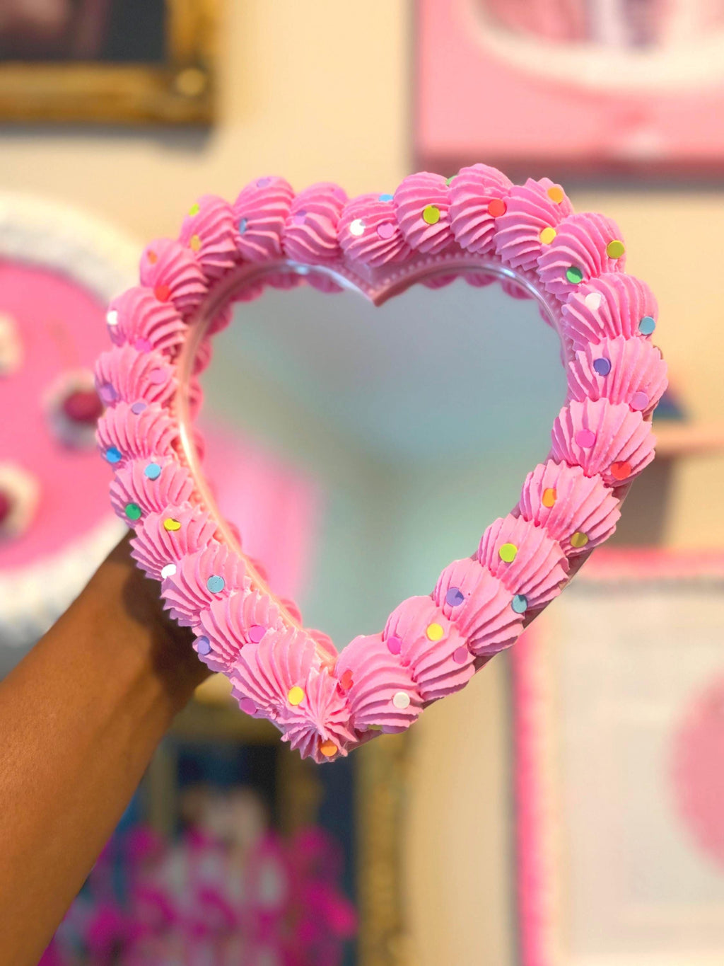 Fake Cake Mirror Pink Heart with Sprinkles