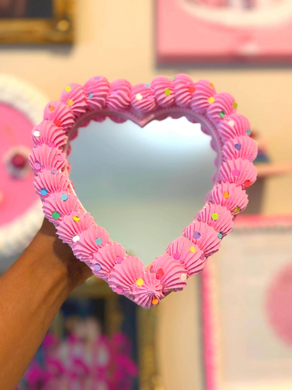 Fake Cake Mirror Pink Heart with Sprinkles