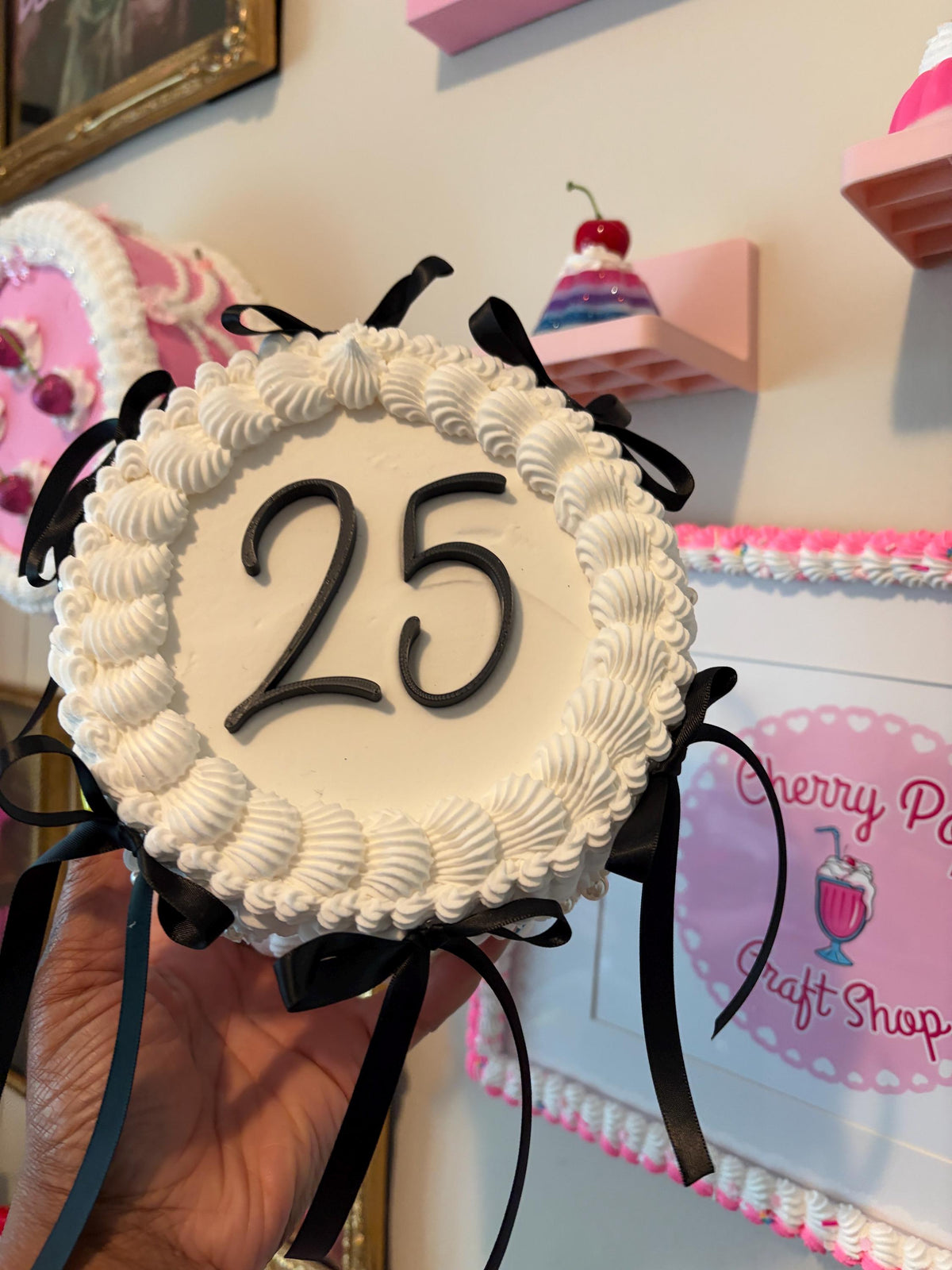 Custom Fake Cake Coquette Lambeth Style with Black Satin Ribbons Pearls and Personalized Text