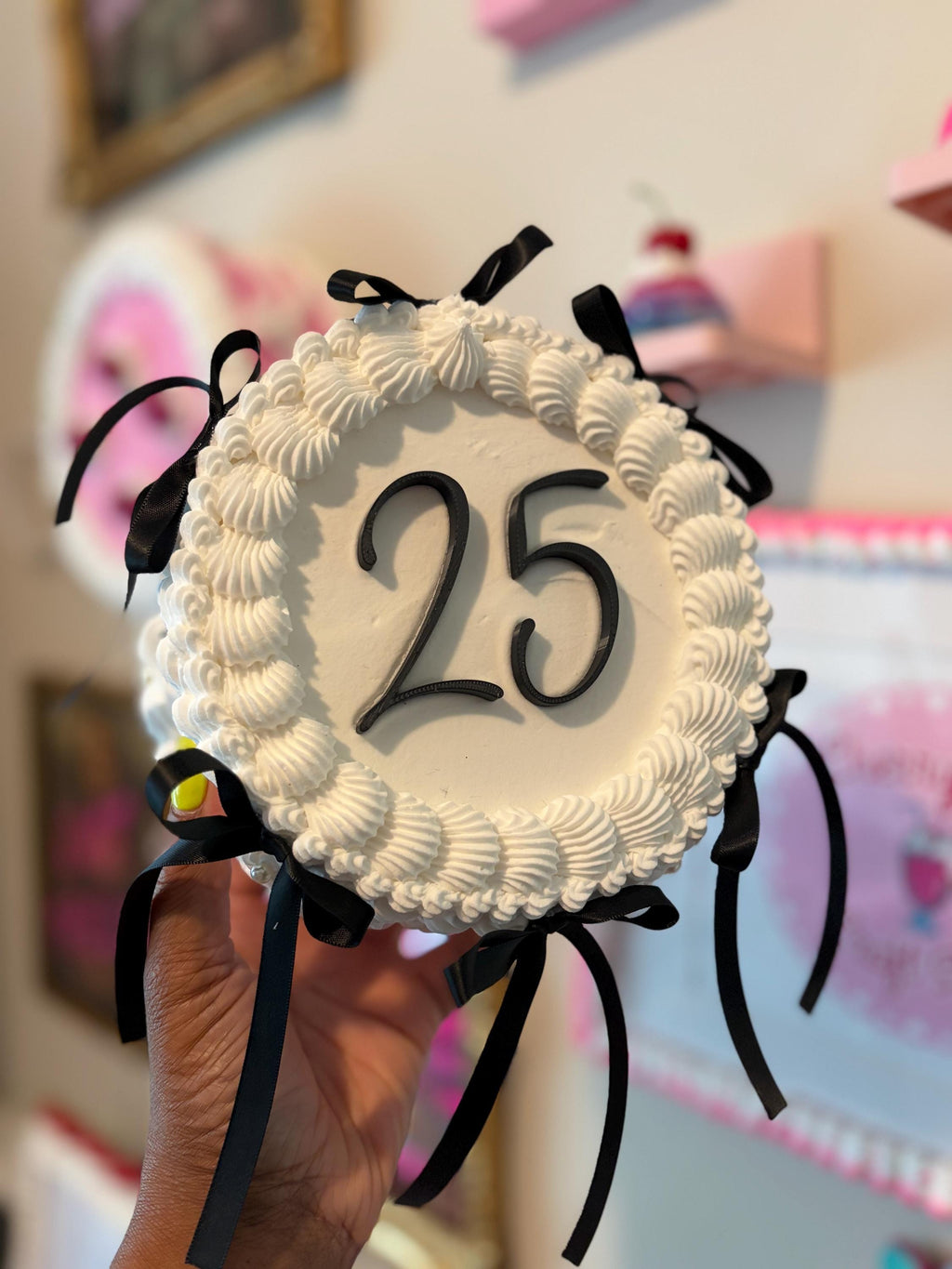 Custom Fake Cake Coquette Lambeth Style with Black Satin Ribbons Pearls and Personalized Text